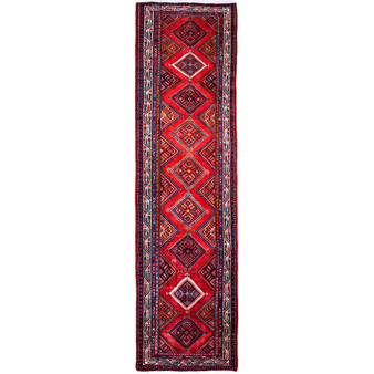 Hamadan Persian Rug 13x3 ft - Semi Antique Geometric, Diamond Lattice Red, Navy Blue, Cream Hand Knotted | front view | SKU 112197