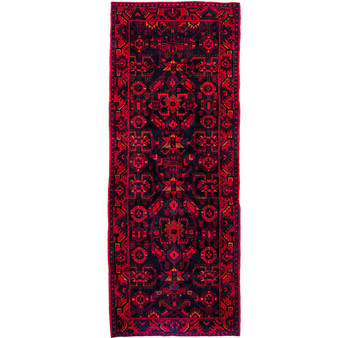 Borujerd Persian Rug 9x3 ft - Semi Antique Geometric, Herati (Mahi) Madder Red, Dark Red, Navy Blue Hand Knotted | front view | SKU 112198
