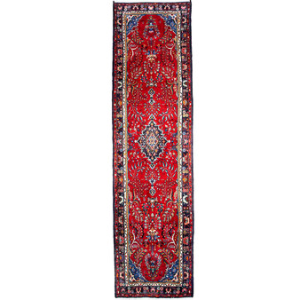 Hamadan Persian Rug 13'7" x 3'5" - Semi Antique Afshan Red, Blue Hand Knotted | front view | SKU 112199