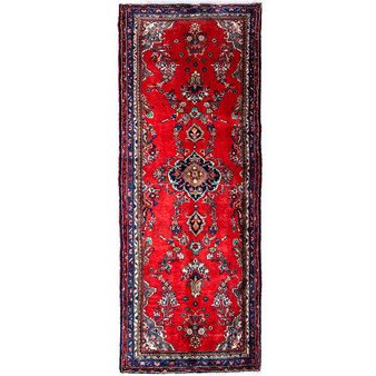 Hamadan Persian Rug 10x3 ft - Semi Antique Medallion (Toranj), Herati (Mahi) Madder Red, Navy Blue, Ivory Hand Knotted | front view | SKU 112201