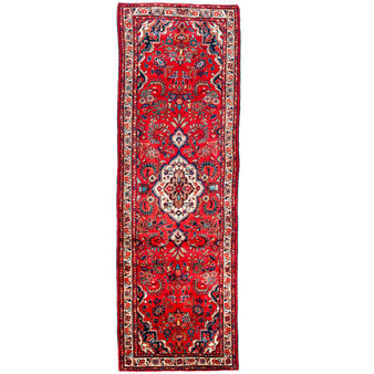Hamadan Persian Rug 11x3 ft - Semi Antique Medallion Toranj Shah Abbasi Madder Red Cream Navy Blue Hand Knotted | front view | SKU 112204