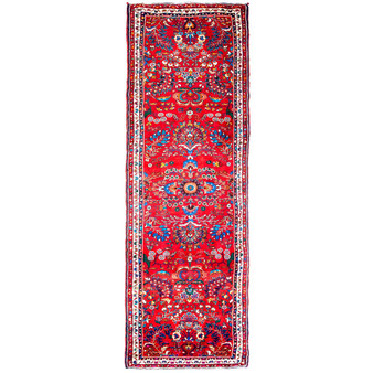 Hamadan Persian Rug 9x3 ft - Semi Antique Afshan All-Over, Herati Mahi Madder Red, Cream, Navy Blue Hand Knotted | front view | SKU 112205
