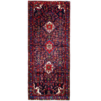 Hamadan Persian Rug 10x4 ft  Semi Antique Afshan Red, Blue Hand Knotted | front view | SKU 112207