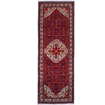 Hosseinabad Persian Rug 9x3 ft - Semi Antique Medallion (Toranj), Herati (Mahi) Crimson, Ivory, Navy Blue Hand Knotted | front view | SKU 112208
