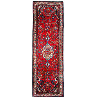 Hamadan Persian Rug 11x3 ft - Semi Antique Afshan Red, Blue Hand Knotted | front view | SKU 112209