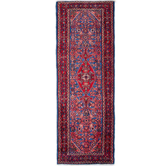 Hamadan Persian Rug 10x3 ft  Semi Antique Afshan Red, Blue Hand Knotted | front view | SKU 112210