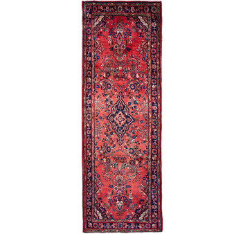 Hamadan Persian Rug 10'4" x 3'5" - Semi Antique Afshan Red, Blue Hand Knotted | front view | SKU 122211