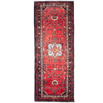 Hamadan Persian Rug 9x3 ft - Semi Antique Afshan Red, Blue Hand Knotted | front view | SKU 112213