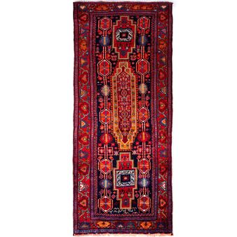 Songhor Persian Rug 11'8" x 4'8" - Semi Antique Geometric Red, Blue Hand Knotted | front view | SKU 112216
