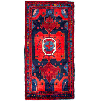 Bijar Persian Rug 10x5 ft - Semi Antique Medallion Crimson, Navy Blue Hand Knotted | front view | SKU 112218