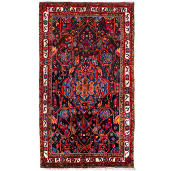 Nahavand Persian Rug 9'2" x 5'4" - Semi Antique Medallion Navy Blue, Red Hand Knotted | front view | SKU 112221