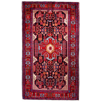 Nahavand Persian Rug 9x5 ft - Semi Antique Medallion Navy Blue, Red Hand Knotted | front view | SKU 112225