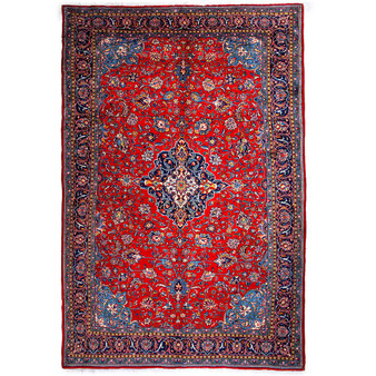 Sarouk Persian Rug 11'12" x 8'2" - Semi Antique Medallion Red, Blue Hand Knotted | front view | SKU 112226