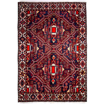 Bakhtiari Persian Rug 10x6 ft - Semi Antique Medallion Blue, Crimson Hand Knotted | front view | SKU 112228