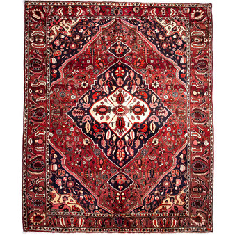 Bakhtiari Persian Rug 9x7 ft - Semi Antique Medallion Toranj, Herati Mahi Madder Red, Burgundy, Navy Blue Hand Knotted | front view | SKU 112234