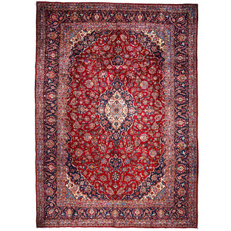 Kashan Persian Rug 12x8 ft - Semi Antique Medallion (Toranj), Shah Abbasi Crimson, Navy Blue, Cream Hand Knotted | front view | SKU 112245