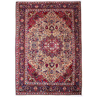 Tabriz Persian Rug 9x6 ft - Semi Antique Medallion (Toranj), Shah Abbasi Cream, Madder Red, Navy Blue Hand Knotted | front view | SKU 112247