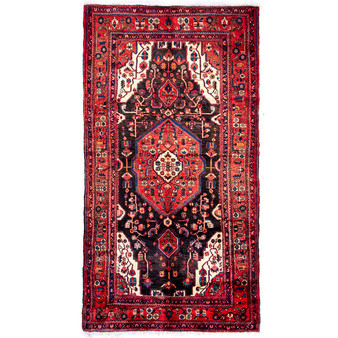 Nahavand Persian Rug 10'3" x 5'4" - Semi Antique Medallion Navy Blue, Red Hand Knotted | front view | SKU 112250