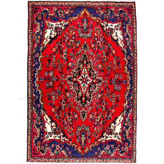 Hamadan Persian Rug 8'6" x 5'11" - Semi Antique Afshan Red, Blue Hand Knotted | front view | SKU 112257