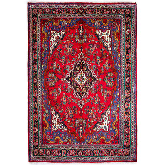 Hamadan Persian Rug 10x7 ft - Semi Antique Medallion (Toranj), Herati (Mahi) Red, Navy Blue, Cream Hand Knotted | front view | SKU 112258