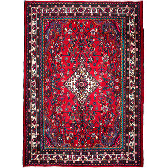 Hamadan Persian Rug 9x7 ft - Semi Antique Afshan Red, Blue Hand Knotted | front view | SKU 112259