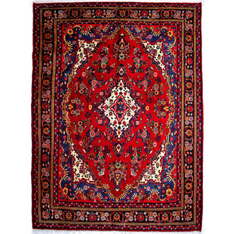 Hamadan Persian Rug 10'3" x 7'1" - Semi Antique Afshan Red, Blue Hand Knotted | front view | SKU 112260
