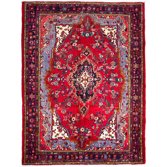 Hamadan Persian Rug 9x6 ft - Semi Antique Afshan Red, Blue Hand Knotted | front view | SKU 112261