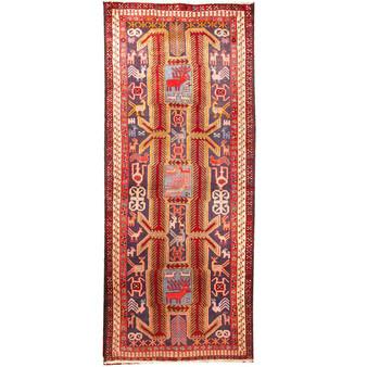 Ardabil Persian Rug 9x4 ft - Semi Antique Medallion Turquoise, White Hand Knotted | front view | SKU 110033
