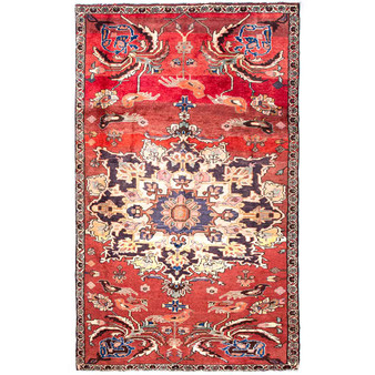 Bakhtiari Persian Rug 9'2" x 5'5" - Semi Antique Medallion Blue, Crimson Hand Knotted | front view | SKU 112267