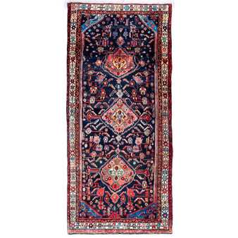 Hamadan Persian Rug 9x4 ft - Semi Antique Medallion Toranj, Herati Mahi Navy Blue, Madder Red, Cream Hand Knotted | front view | SKU 112268