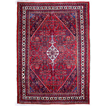 Hamadan Persian Rug 10x7 ft  Semi Antique Afshan Red, Blue Hand Knotted | front view | SKU 112273