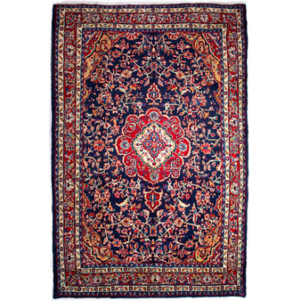 Hamadan Persian Rug 10x7 ft - Semi Antique Afshan Red, Blue Hand Knotted | front view | SKU 112274