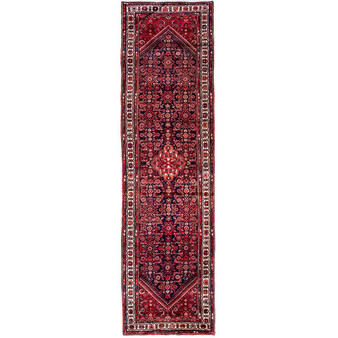 Hosseinabad Persian Rug 13x3 ft - Semi Antique Medallion Crimson, Ivory Hand Knotted | front view | SKU 112280