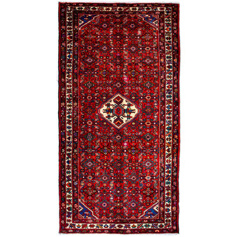 Hosseinabad Persian Rug 10'12" x 5'5" - Semi Antique Medallion Crimson, Ivory Hand Knotted | front view | SKU 112282