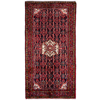 Arak Persian Rug 10x5 ft - Semi Antique Medallion (Toranj), Herati (Mahi) Dark Red, Navy Blue, Crimson Hand Knotted | front view | SKU 112286