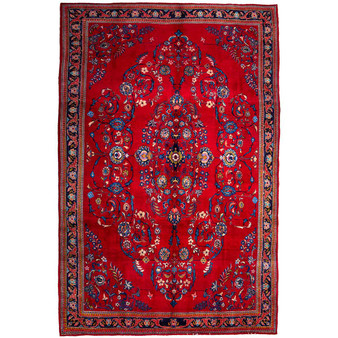 Vist Persian Rug 12'12" x 8'2" - Semi Antique Geometric Red, Beige Hand Knotted | front view | SKU 112288