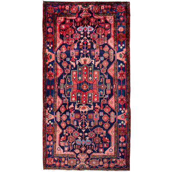Nahavand Persian Rug 10x4 ft - Semi Antique Medallion (Toranj), Geometric Navy Blue, Madder Red, Burgundy Hand Knotted | front view | SKU 112291
