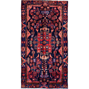 Nahavand Persian Rug 9x4 ft - Semi Antique Medallion Navy Blue, Red Hand Knotted | front view | SKU 112292