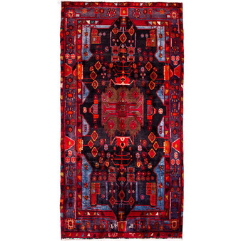 Nahavand Persian Rug 9'10" x 4'11" - Semi Antique Medallion Navy Blue, Red Hand Knotted | front view | SKU 112293