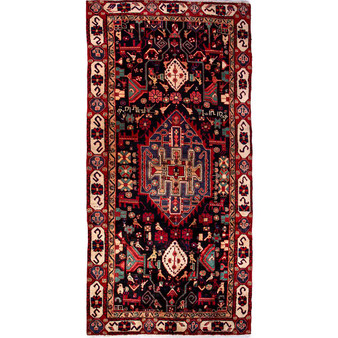 Nahavand Persian Rug 10'0" x 4'9" - Semi Antique Medallion Navy Blue, Red Hand Knotted | front view | SKU 112294