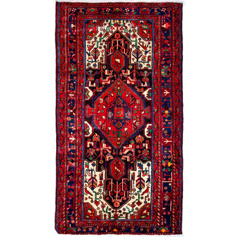 Nahavand Persian Rug 9'6" x 5'3" - Semi Antique Medallion Navy Blue, Red Hand Knotted | front view | SKU 112295