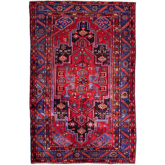 Zanjan Persian Rug 7x4 ft - Semi Antique Medallion (Toranj), Herati (Mahi) Madder Red, Navy Blue, Crimson Hand Knotted | front view | SKU 112301