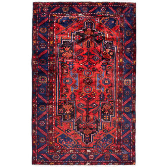 Zanjan Persian Rug 7x4 ft - Semi Antique Medallion (Toranj), Herati (Mahi) Madder Red, Navy Blue, Burgundy Hand Knotted | front view | SKU 112302