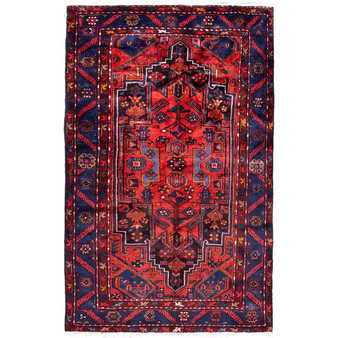 Zanjan Persian Rug 7x4 ft - Semi Antique Medallion Navy Blue, Crimson Hand Knotted | front view | SKU 112303