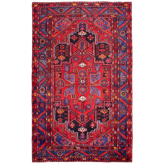 Zanjan Persian Rug 7x4 ft - Semi Antique Medallion (Toranj), Herati (Mahi) Madder Red, Navy Blue, Crimson Hand Knotted | front view | SKU 112304