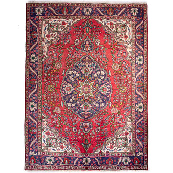 Tabriz Persian Rug 9x6 ft - Semi Antique Medallion (Toranj), Shah Abbasi Madder Red, Navy Blue, Cream Hand Knotted | front view | SKU 112308