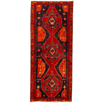 Meshkin Persian Rug 9x4 ft - Semi Antique Medallion Geometric Crimson, Orange, Navy Blue Hand Knotted | front view | SKU 110038