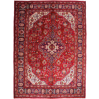 Tabriz Persian Rug 9x6 ft - Semi Antique Medallion (Toranj), Shah Abbasi Red, Cream, Navy Blue Hand Knotted | front view | SKU 112316