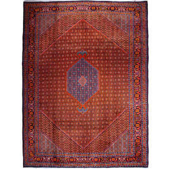 Zanjan Persian Rug 13'7" x 9'10" - Semi Antique Medallion Navy Blue, Crimson Hand Knotted | front view | SKU 112319