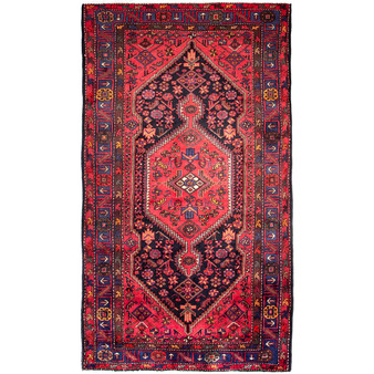 Zanjan Persian Rug 8x4 ft - Semi Antique Medallion Navy Blue, Crimson Hand Knotted | front view | SKU 112320
